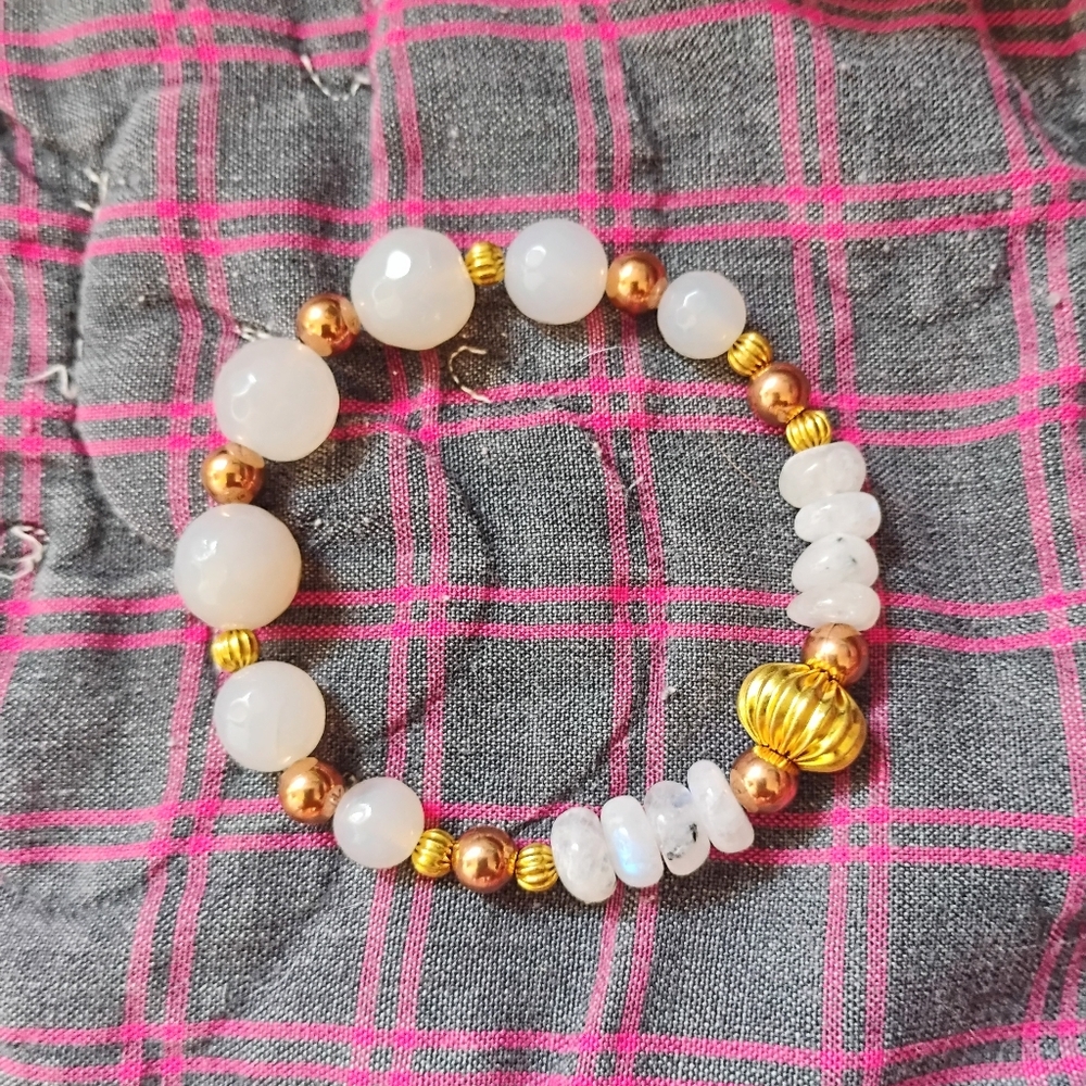 Milky Agate And Rainbow Moonstone Two Tone Bracelet - Picture 2 of 6